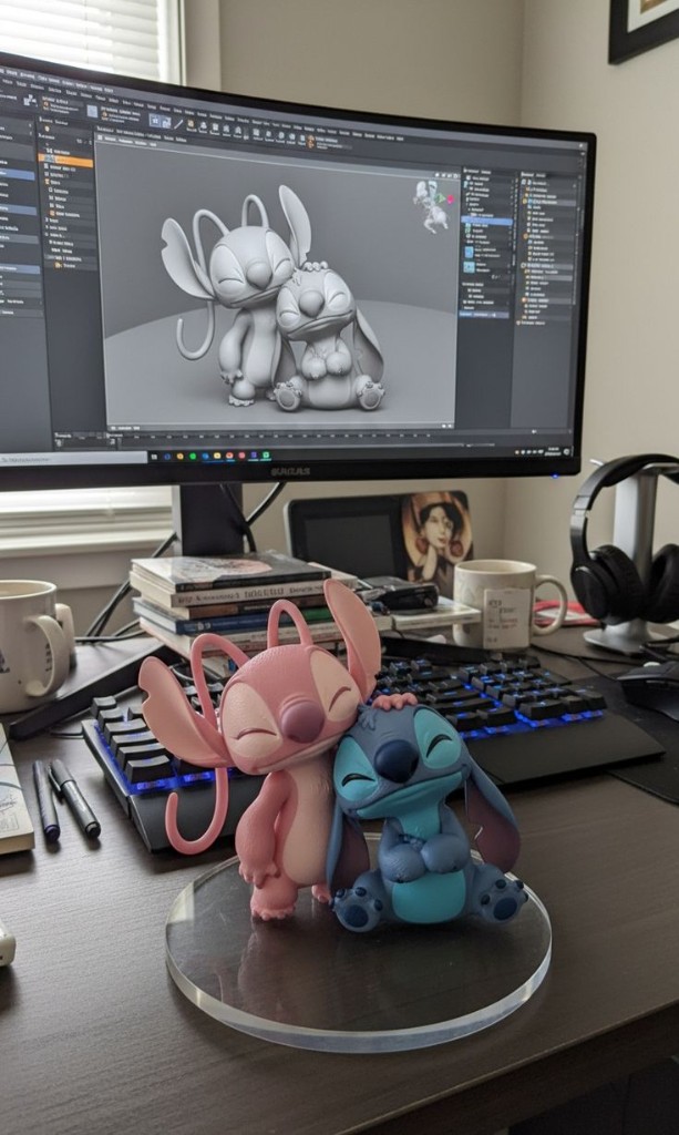 Figuras pintadas impresas en 3D, junto al modelo en pantalla