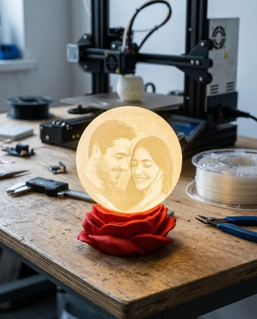 Lámpara de luna impresa en 3D, con una foto y base de rosa