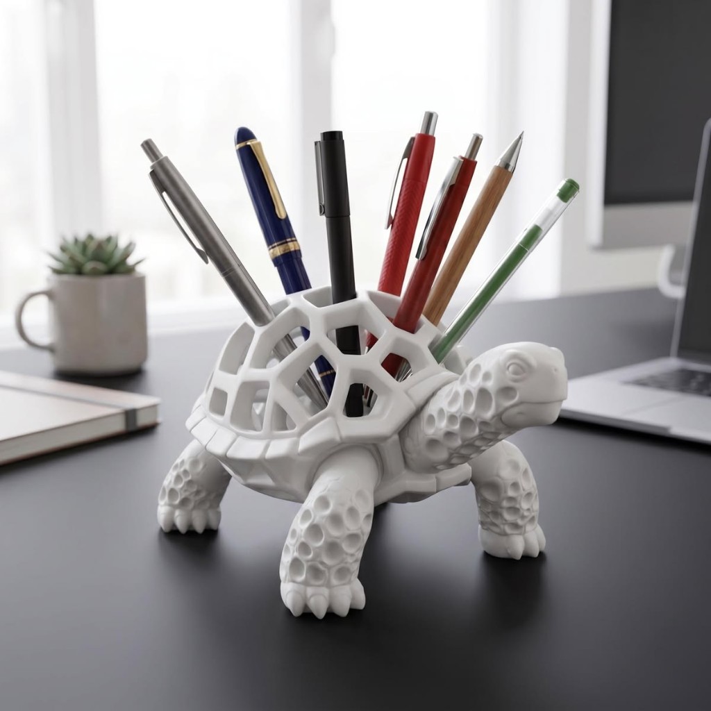 Portalápices impreso en 3D, con forma de tortuga