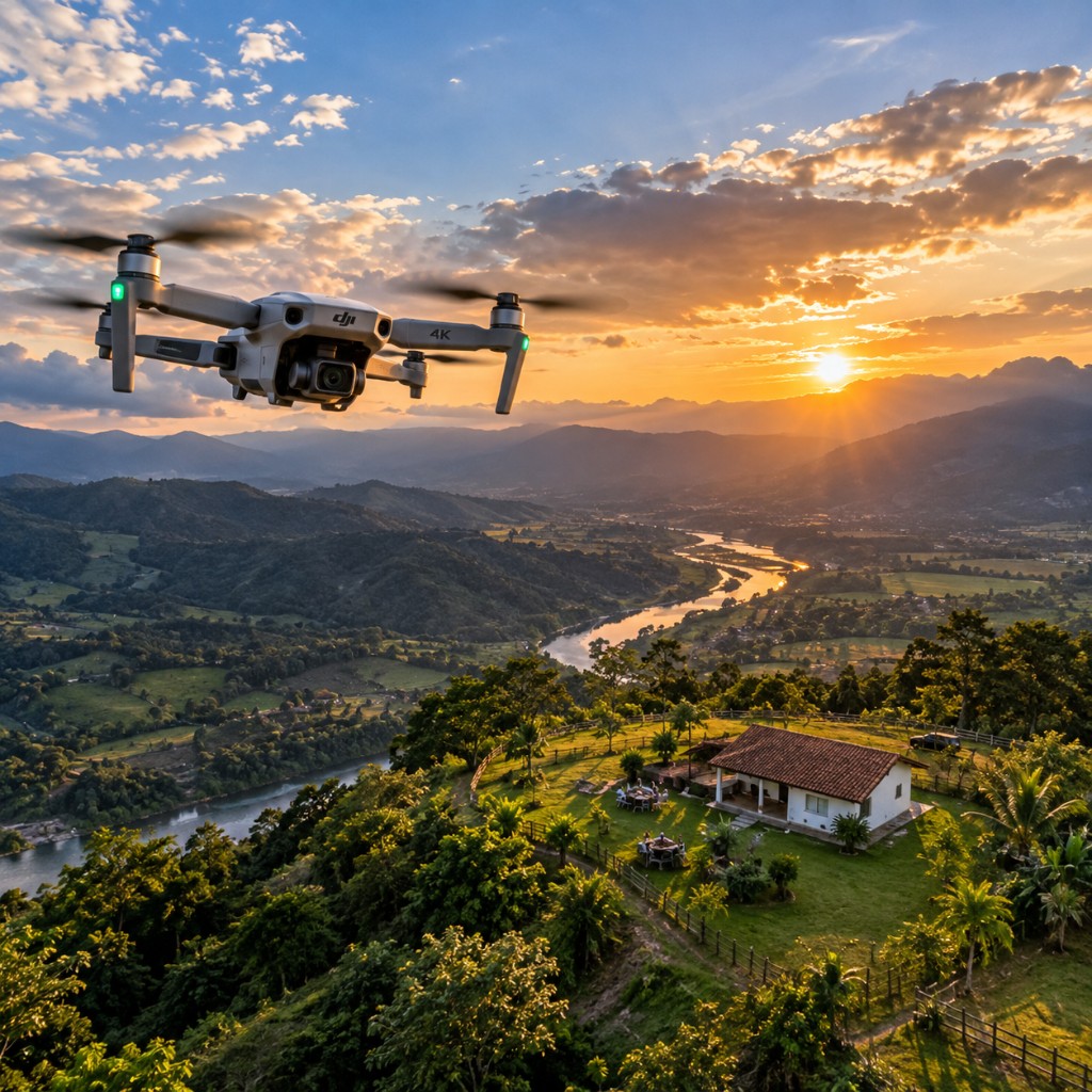 Dron sobre un atardecer, con el río, la casa y las montañas