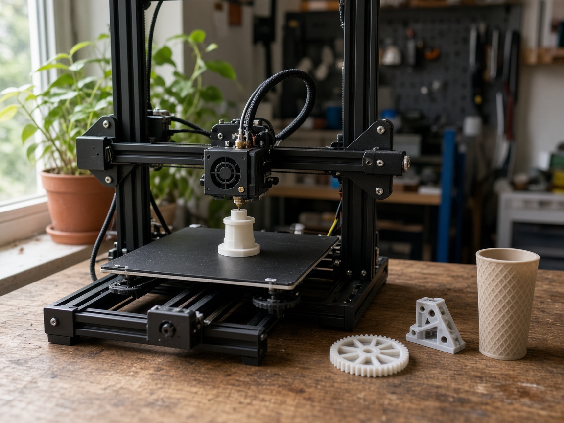 Impresora 3D y piezas terminadas sobre una mesa