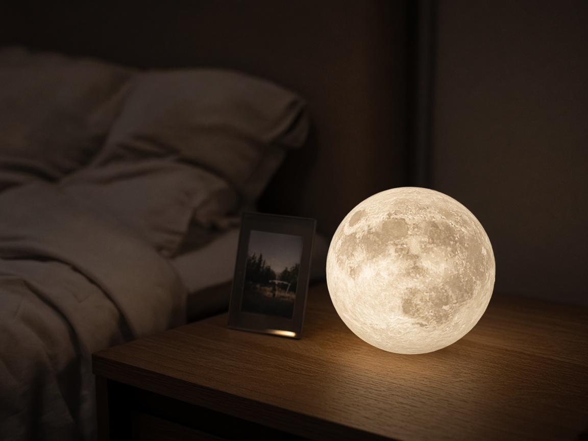 Lámpara de luna encendida en una mesa de noche