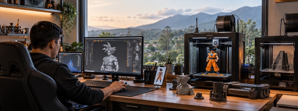 Persona diseñando en pantalla junto a piezas impresas en 3D