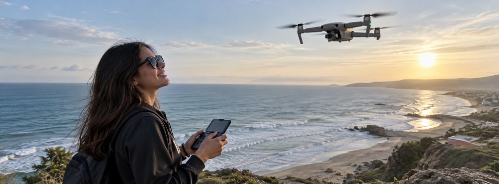 Mujer con el control de un dron frente al mar al atardecer