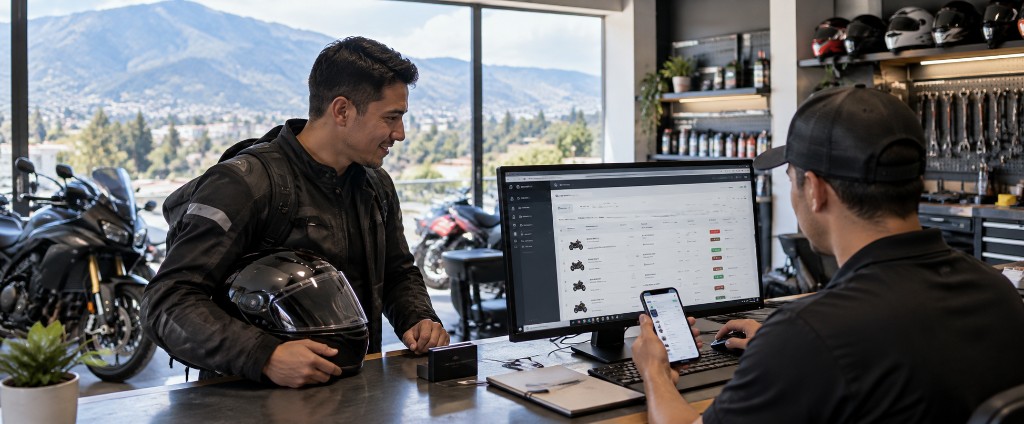 Cliente y técnico revisando un sistema en la pantalla de un taller